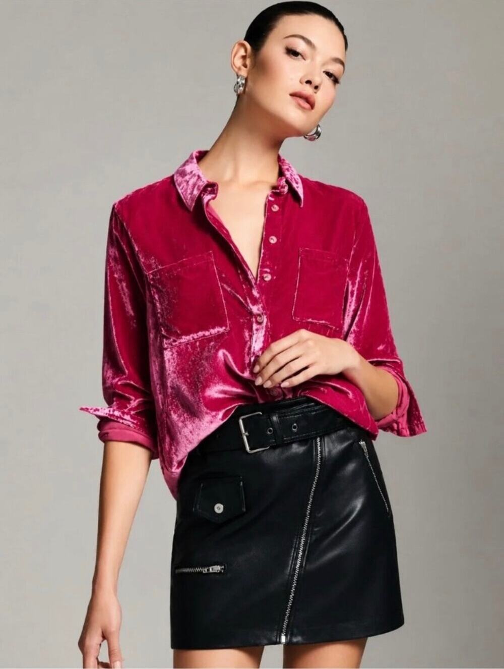 Pilcro “the Hadley” pink velvet button-down shirt. Size 6
